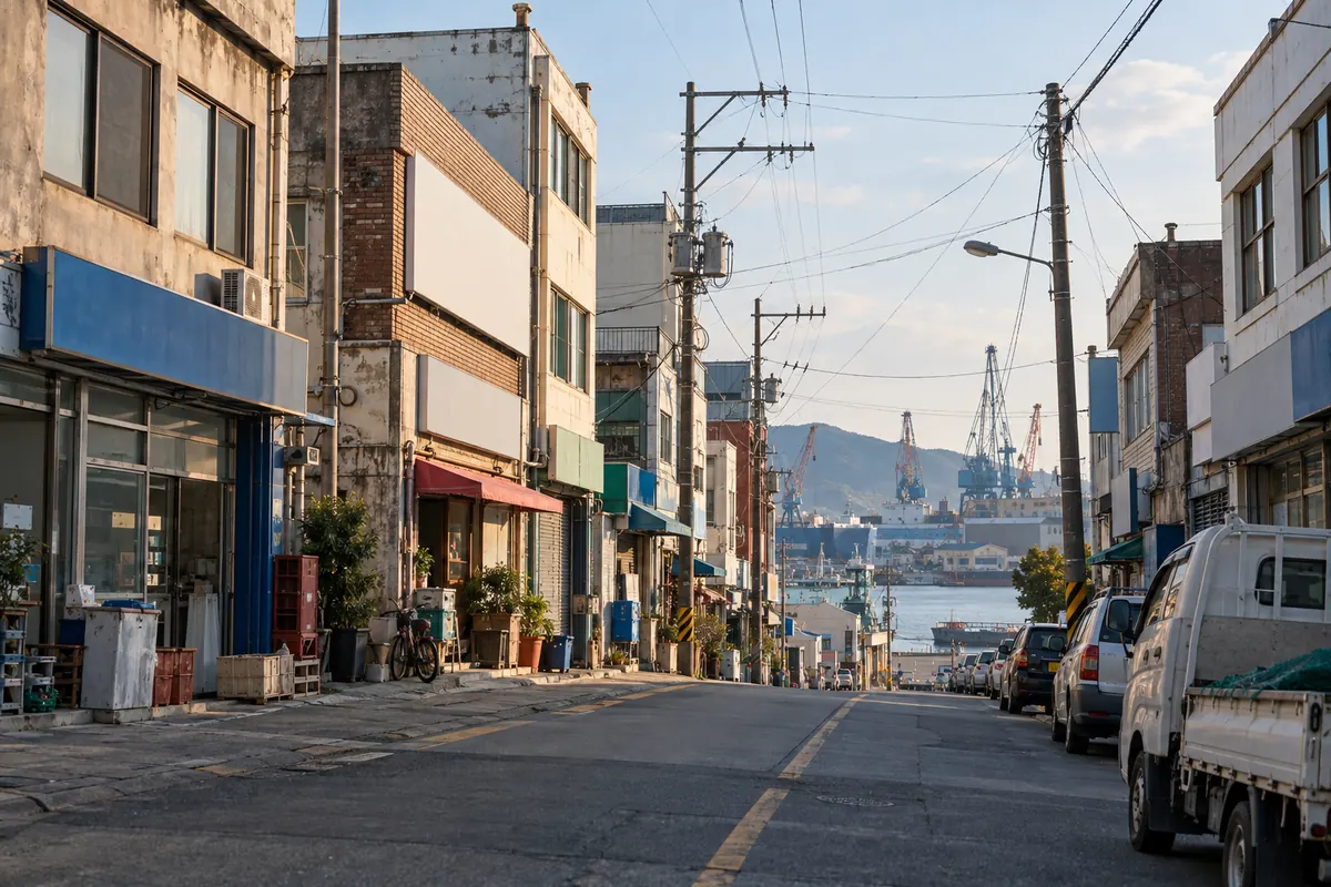 항구 근처 원도심의 오래된 2~3층 상가 건물 거리