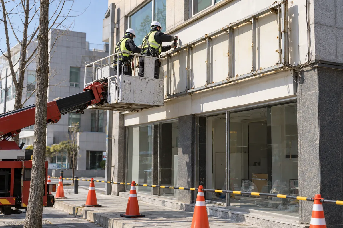 고소작업차 버킷에 탄 작업자 두 명이 상가 외벽의 간판 프레임을 분리하고, 아래 인도에는 안전 고깔과 통제선이 놓인 모습